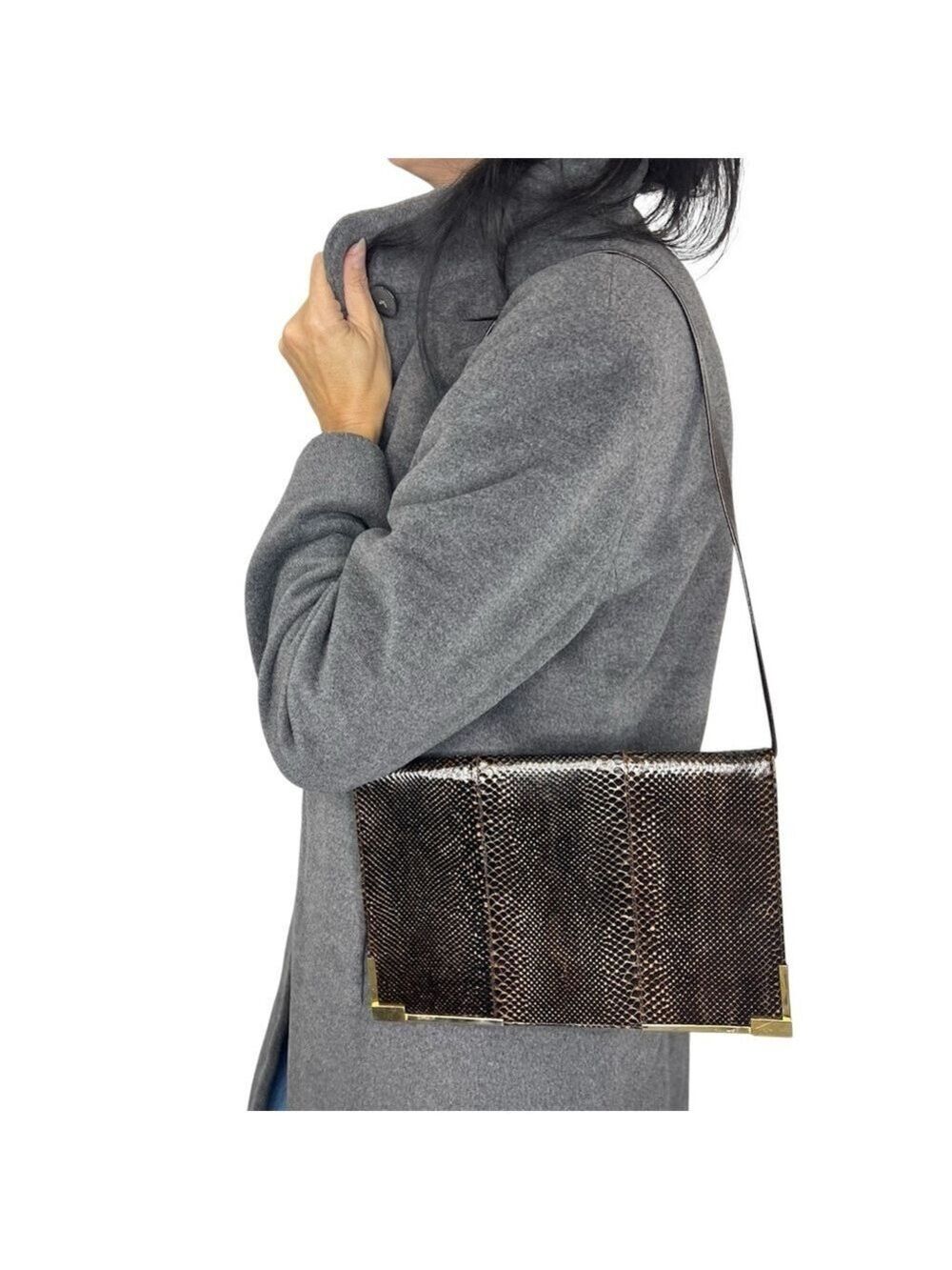 Vintage dark brown leather snake skin style flap shoulder bag clutch purse